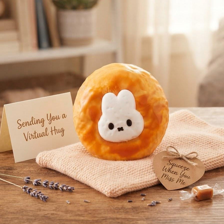 A round orange-brown plush toy with a white bunny face sits on a beige knitted cloth on a wooden table. A small card reads 'Sending You a Virtual Hug,' and a heart-shaped tag says 'Squeeze When You Miss Me.