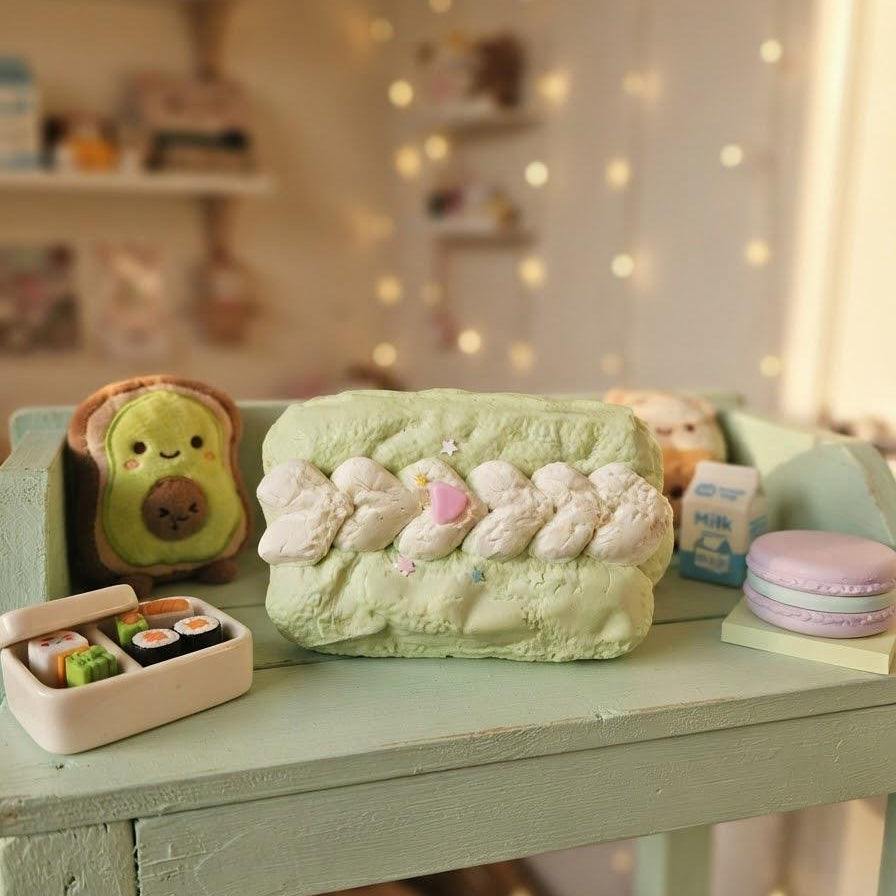 Fidget Sensory Toy Kawaii Squishy Keychain Stress Relief Anxiety Tool Green Matcha Cake Design Slow Rise Foam Squish Material Cute Food Pendant Charm Bag Accessory Gift Collectors Fans Satisfying Squeeze Experience Pastel Stars Pink Hearts