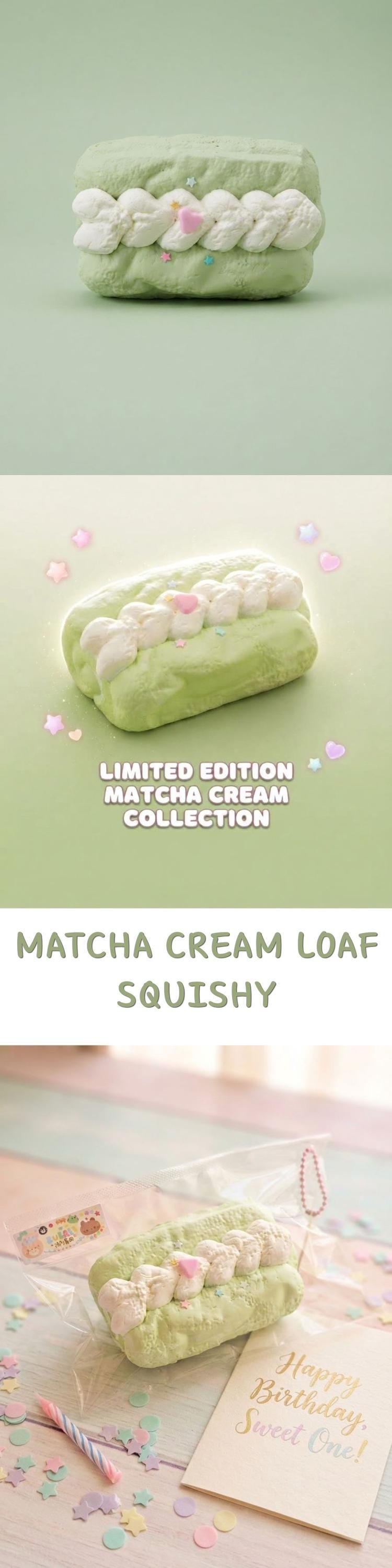 A matcha cream loaf squishy toy shown in a three-panel collage: a top view, a side view with 'Limited Edition Matcha Cream Collection' text, and a bottom lifestyle-style view in a clear bag with a card and pastel confetti. The product is a soft rectangular loaf-shaped toy with pale green sides, a cream-colored top, and pink marshmallow details.