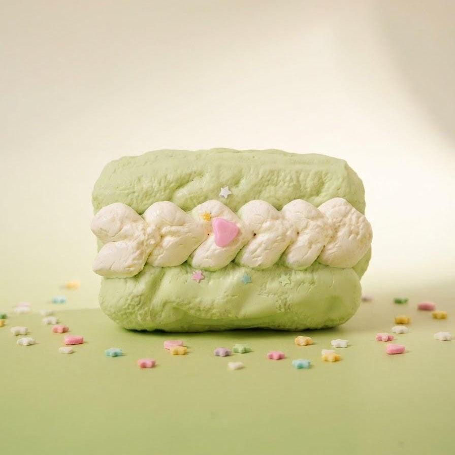 Stress Relief Anxiety Fidget Toy Kawaii Squishy Keychain Green Matcha Cake Design Slow Rise Foam Squish Material Sensory Play Essential Cute Food Charm Bag Accessory Gift Set Collectors Fans Pastel Star Pink Heart Accents Beaded Chain