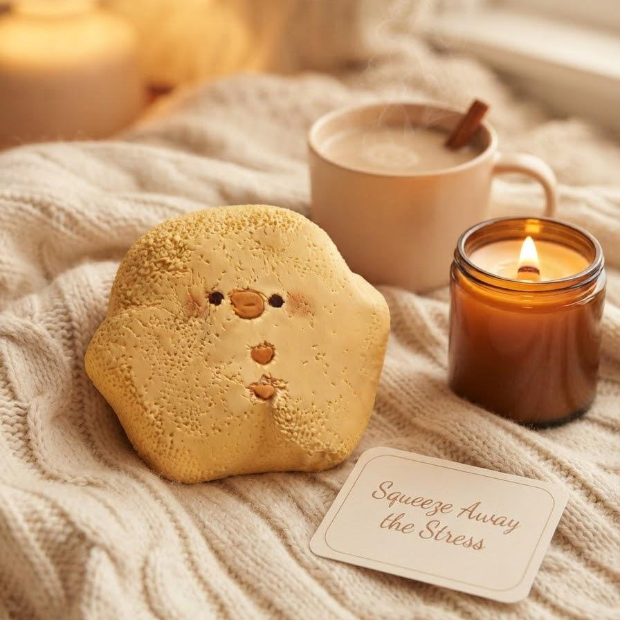 A warm cozy scene with a small beige plush pillow shaped like a chick or mushroom, placed on a cream knit blanket beside a mug of hot cocoa with a cinnamon stick, a lit amber candle, and a card that reads 'Squeeze Away the Stress'.