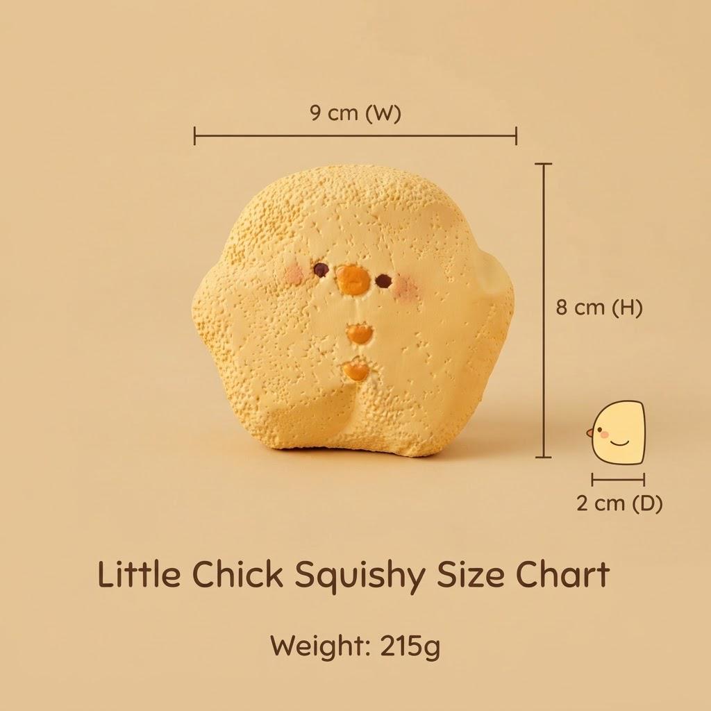 A beige product photo showing a small chick-shaped squishy toy with overlaid dimension lines and text reading 9 cm (W), 8 cm (H), 2 cm (D), plus 'Little Chick Squishy Size Chart' and 'Weight: 215g'. This is auxiliary sizing information rather than a plain product shot, so subject_type is Measurement Chart.