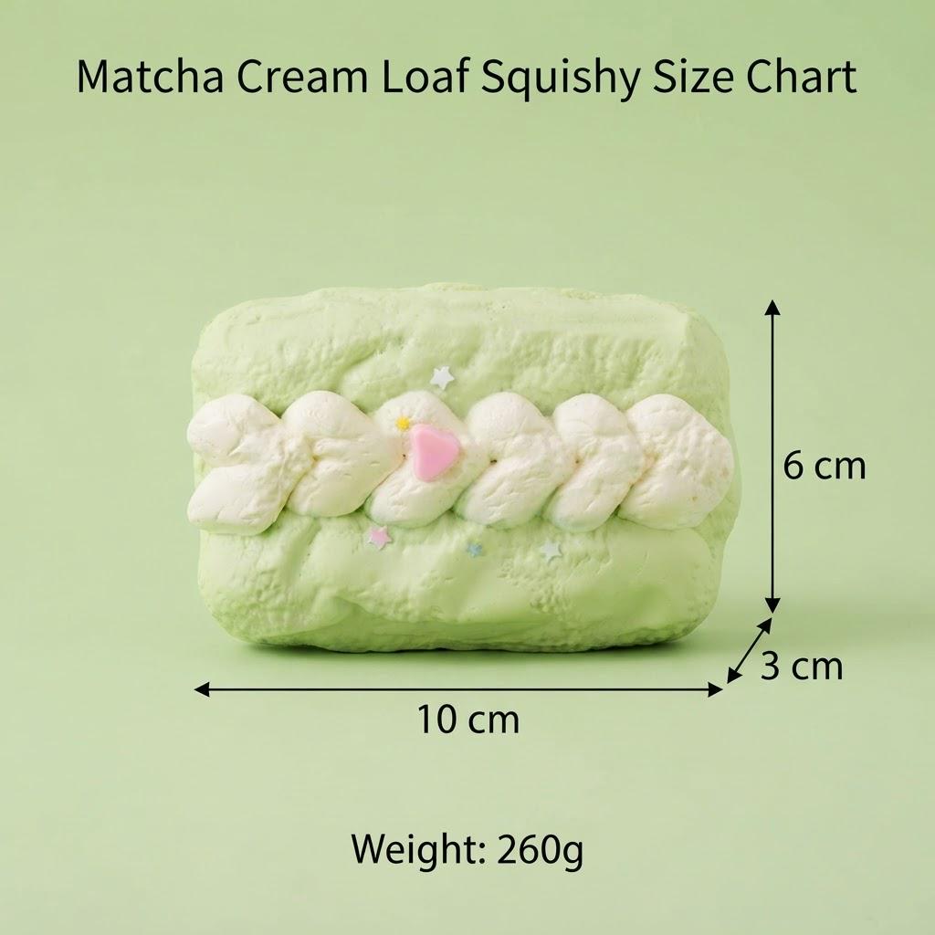 A light green matcha cream loaf squishy with white cream details and a small pink heart, shown with dimension arrows and text reading 'Matcha Cream Loaf Squishy Size Chart' and 'Weight: 260g' on a pale green background.