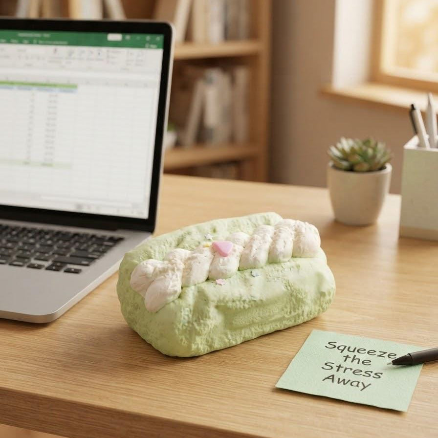 A light green marshmallow-themed desk accessory shaped like a chocolate bar sits on a wooden desk next to an open laptop and a sticky note that reads 'Squeeze the Stress Away'.