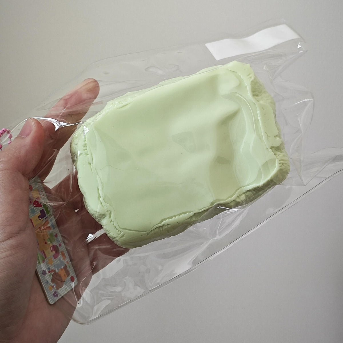 A hand holding a clear plastic bag containing a pale mint green rectangular item, likely a small packaged product or toy, against a plain light gray background.