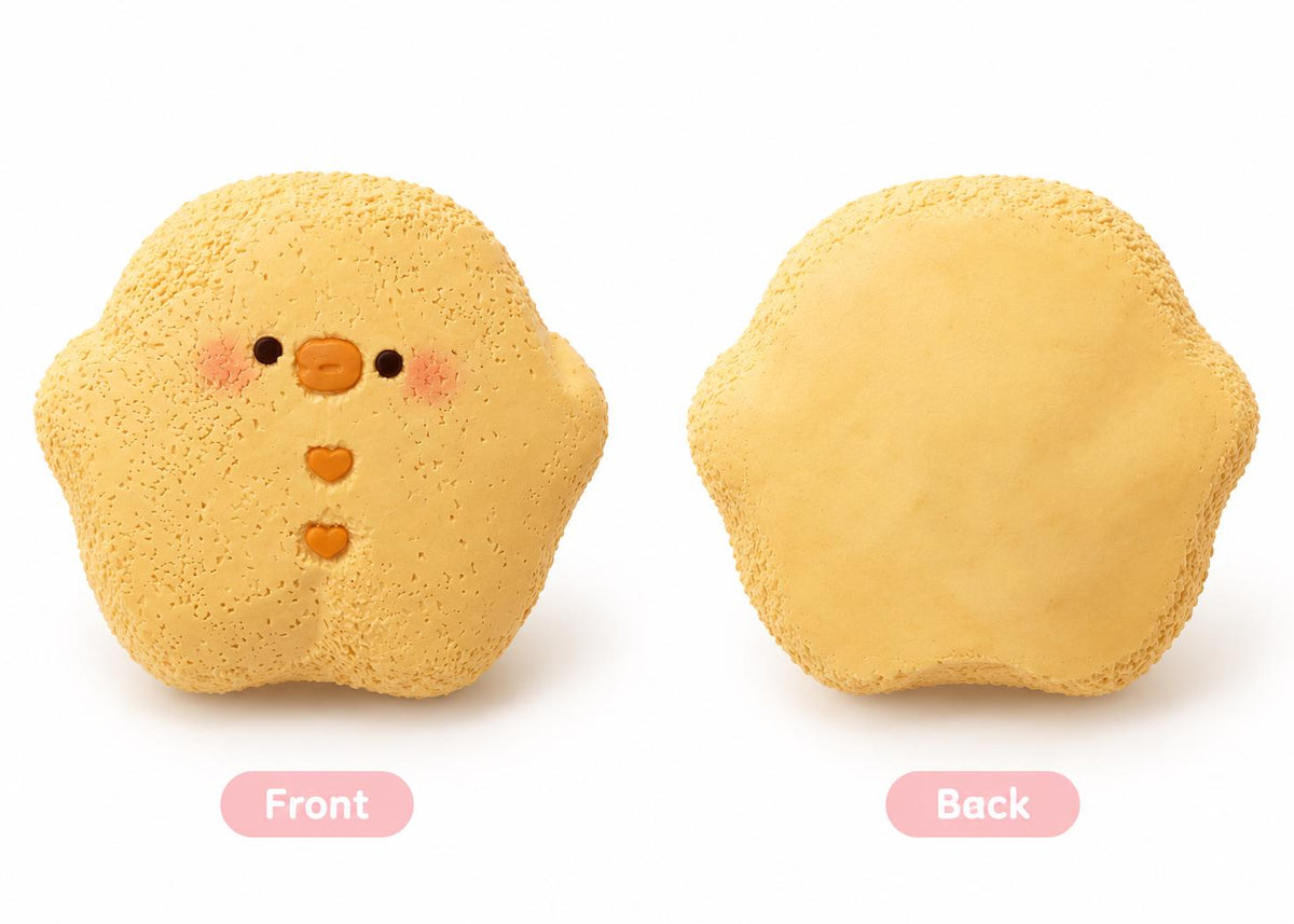 A yellow chick-shaped squishy toy shown from both the front and back on a white background. The front features a cute face with small black eyes, an orange beak, pink cheeks, and orange buttons.