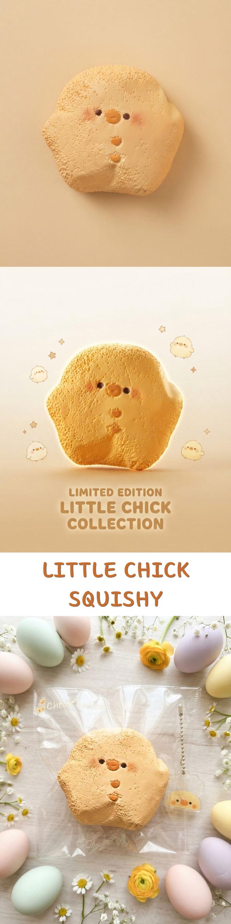 A cute, squishy little chick-shaped cookie or candy shown in three stacked panels. The top panel shows the soft, yellowish-beige chick shape on a warm beige background.