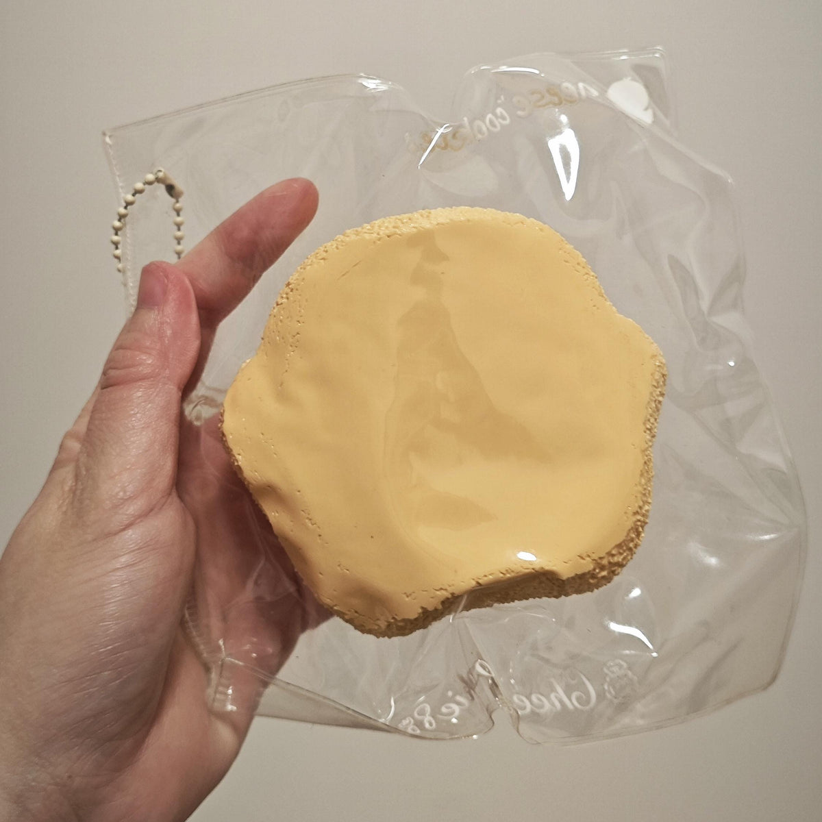 A hand holding a round, pale yellow textured item inside a clear plastic bag with a small metal loop, against a plain light beige background.
