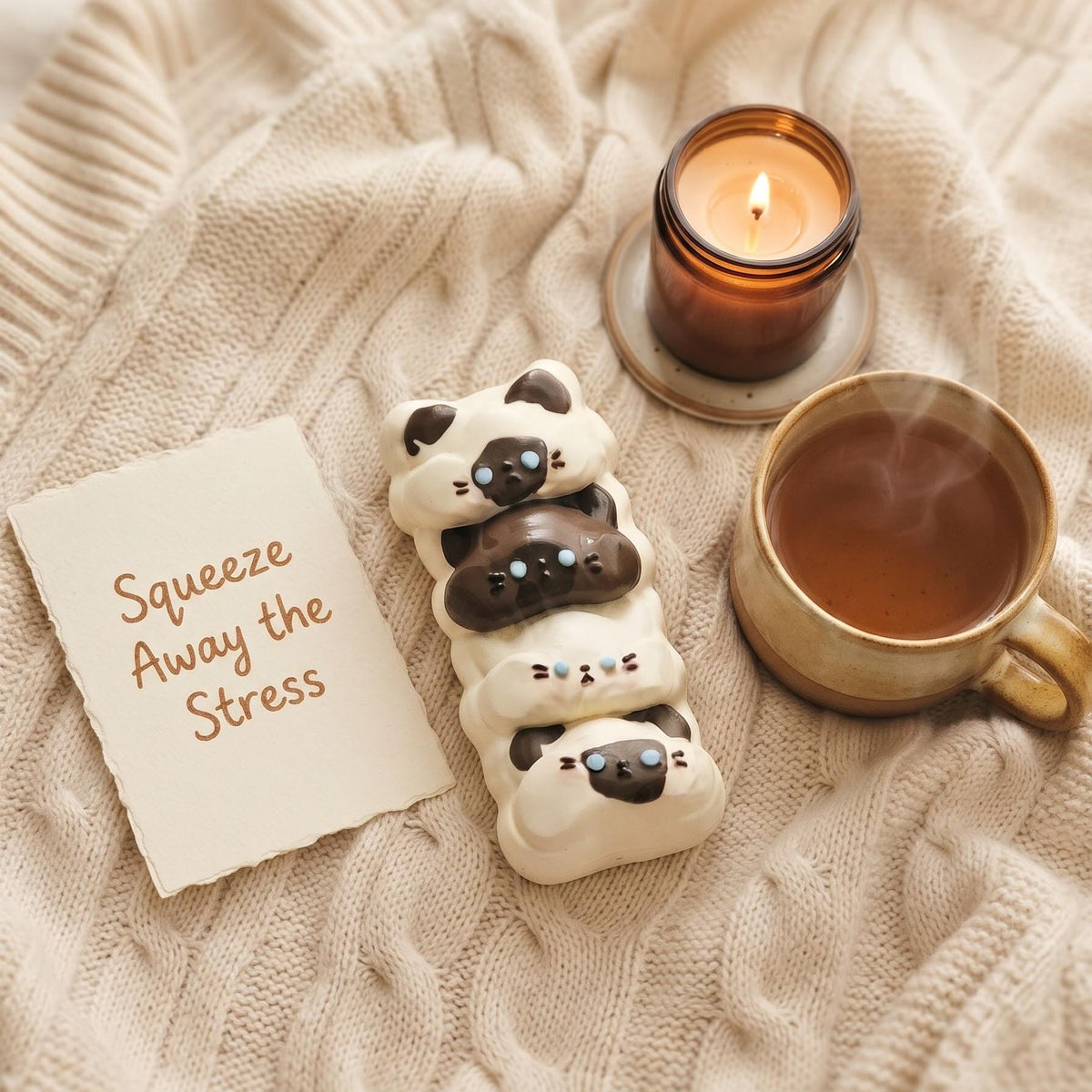 A cozy flat-lay scene on a cream cable-knit sweater with a lit amber candle, a cup of tea, a small note card reading 'Squeeze Away the Stress,' and a stack of four white ceramic bear-shaped tea lights with dark brown faces.