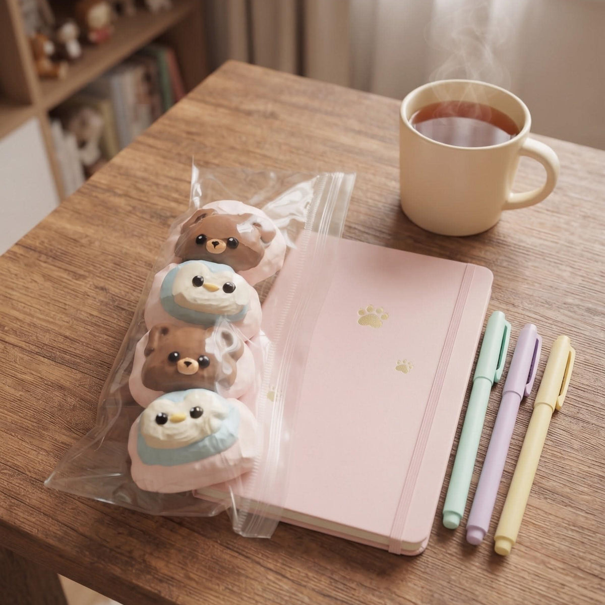A cozy tabletop scene with a pink notebook, four cute plush bear-shaped cookies in a clear bag, three pastel pens, and a steaming cup of tea on a wooden table.