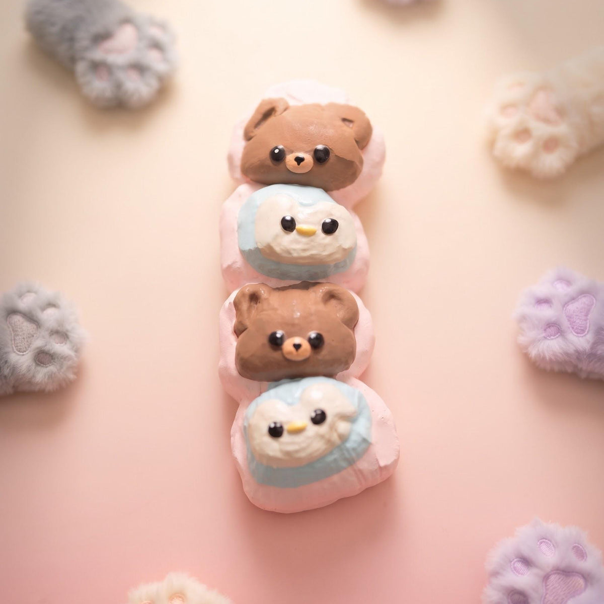Sensory Fidget Toy Kawaii Animal Collection Four Connected Heads Cute Brown Bears Blue Penguins Soft Silicone Slow Rising Texture Tactile Play Experience Kids Party Favor Birthday Gift Stocking Stuffer Collectible Bear Penguin Design
