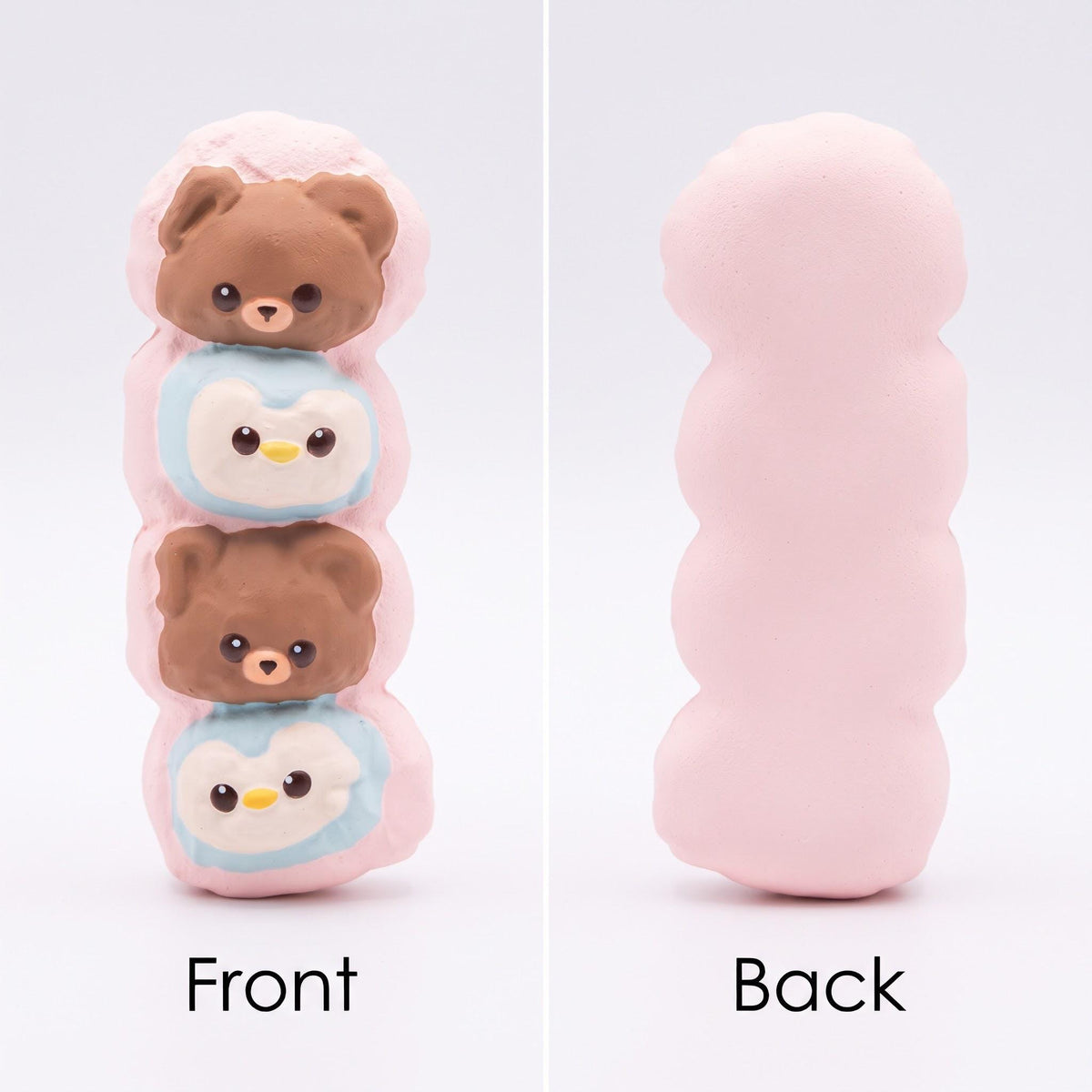 A pink squishy toy shown from both front and back. The front view shows a stacked design with brown teddy bears and blue-and-white penguin faces, while the back view shows the plain pink side.