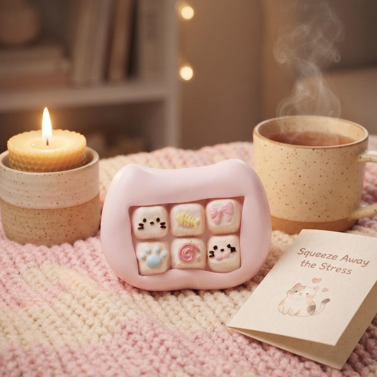 A pink cat-shaped silicone heat-resistant tray holding six small pastel marshmallows with cute cartoon faces, styled on a pink knit blanket next to a lit candle, a steaming mug, and a card that says 'Squeeze Away the Stress'.