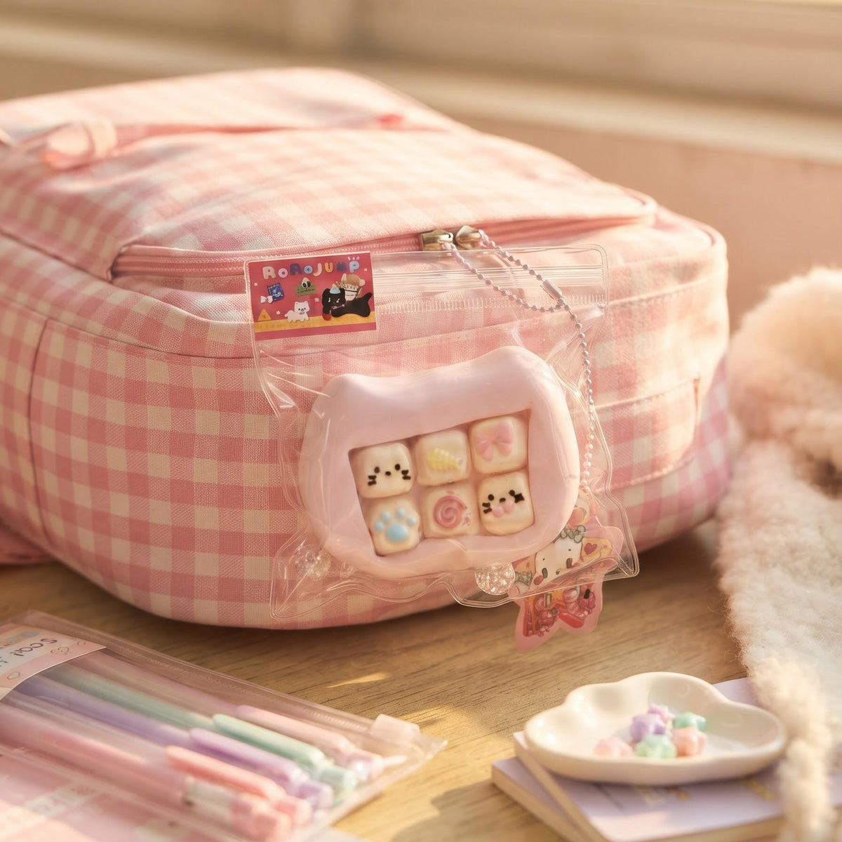 A pink and white gingham backpack with cute cartoon charms, shown on a wooden table next to stationery items in a warm, softly lit room.