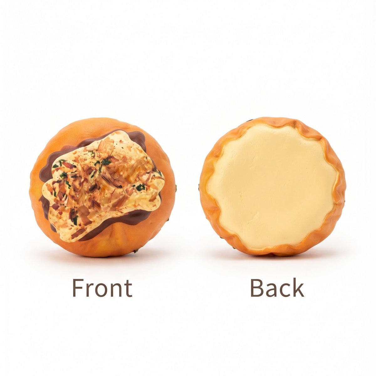 Two round novelty items shown on a white background, labeled Front and Back. The left item is orange-brown with a textured beige and dark brown pattern on the front; the right item is orange-brown with a pale cream center.