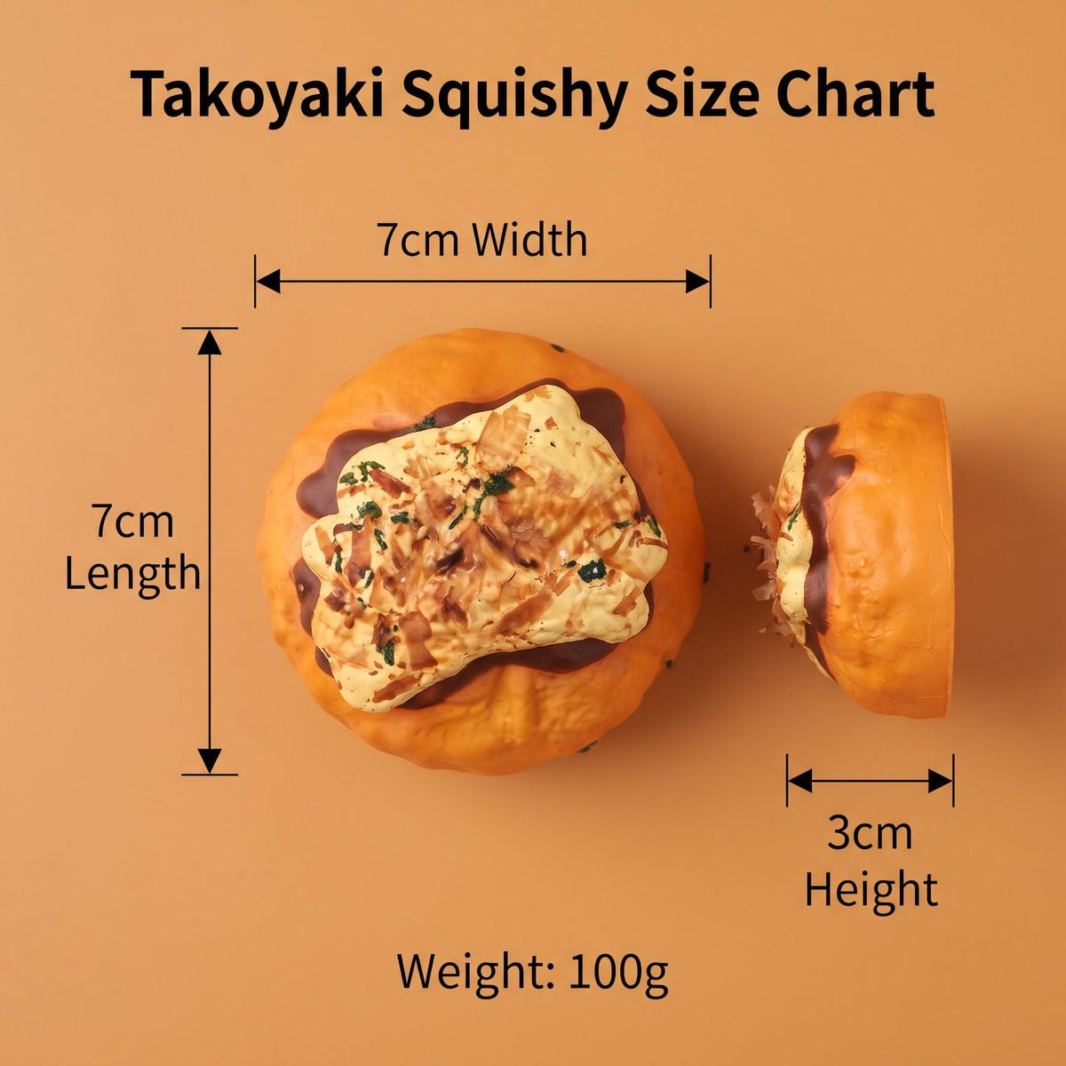 Takoyaki Squishy size chart on a solid orange background, showing a whole takoyaki ball with dimension arrows indicating 7cm width, 7cm length, and 3cm height, plus a smaller side view and text stating weight 100g.