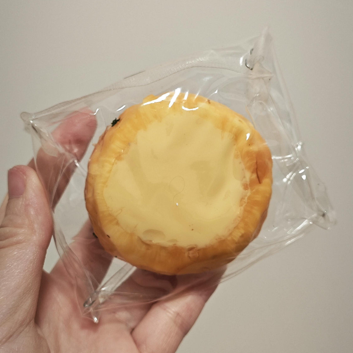 A hand holding a packaged baked good, likely a mini pastry or dumpling, sealed in clear plastic against a plain light background.