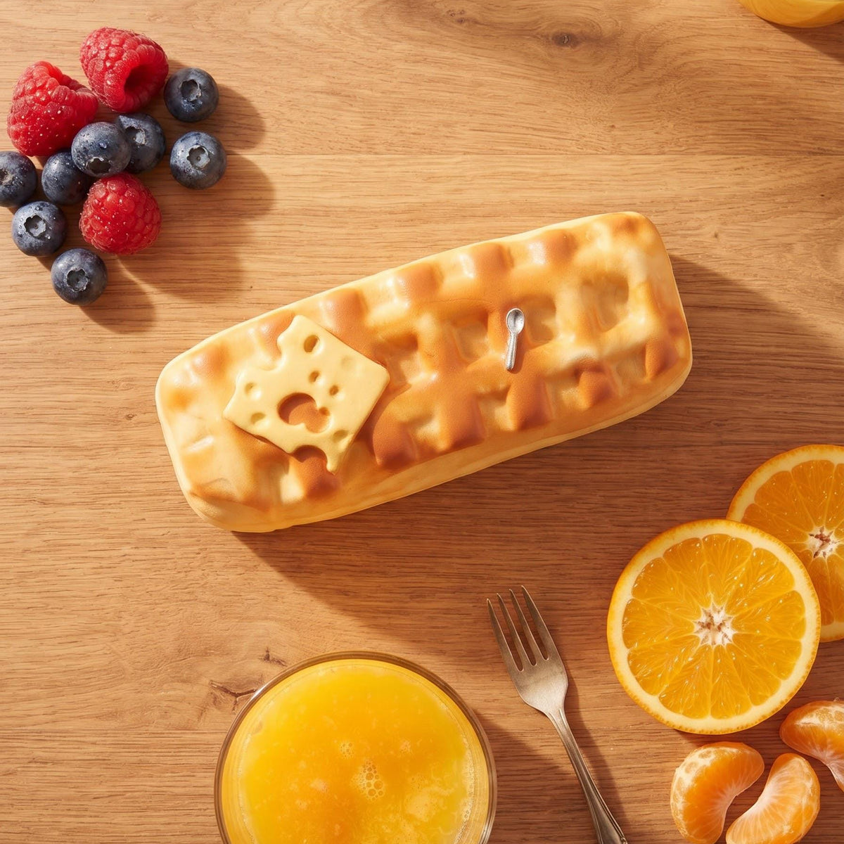 A rectangular waffle-shaped container or tray with a cheese cutout detail, placed on a wooden tabletop with orange slices, berries, a glass of orange juice, and a fork around it.