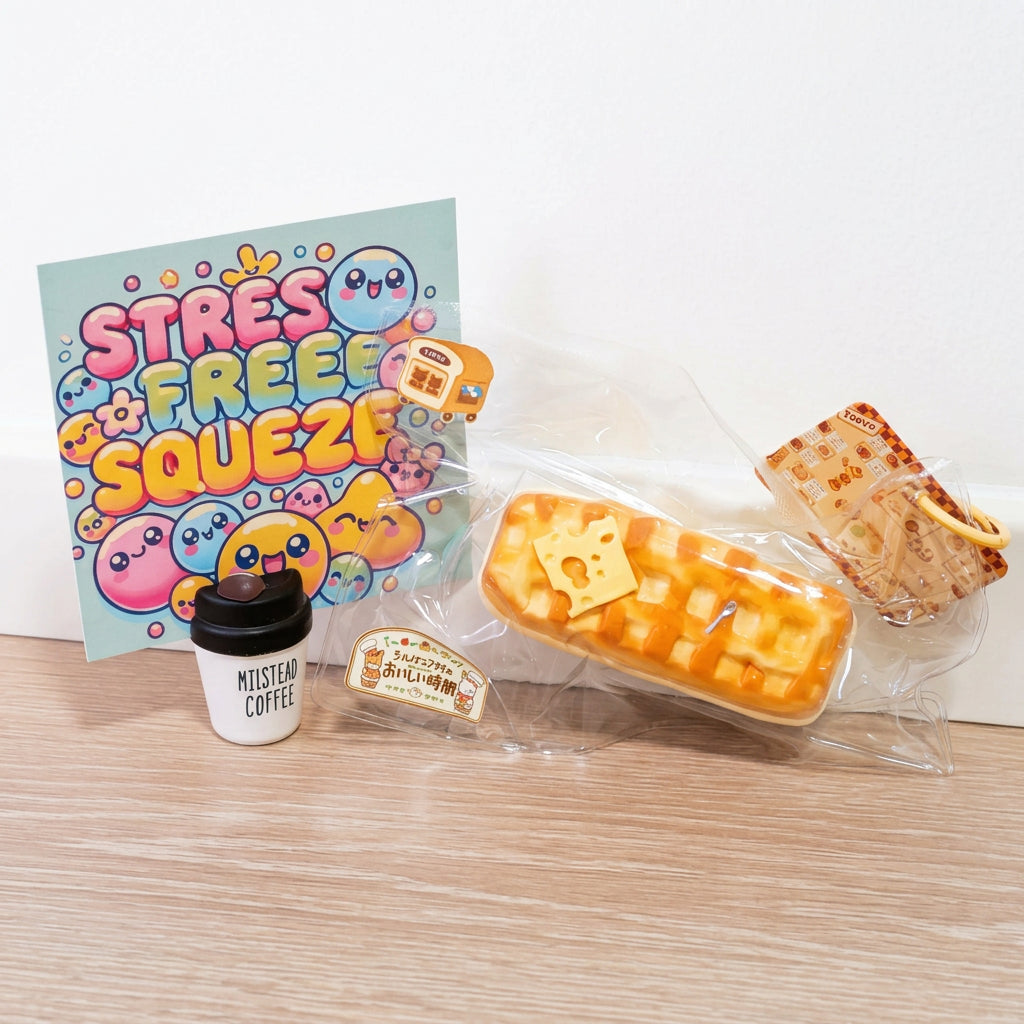 A set of cute, miniature-themed stress-free squishy toys on a light wood surface against a white wall. The set includes a waffle-shaped squishy in clear plastic packaging, a small coffee cup accessory labeled 'MISTLETOE COFFEE', a small sticker, and a colorful backing card with cartoon characters and the text 'STRESS FREE SQUEEZY'.