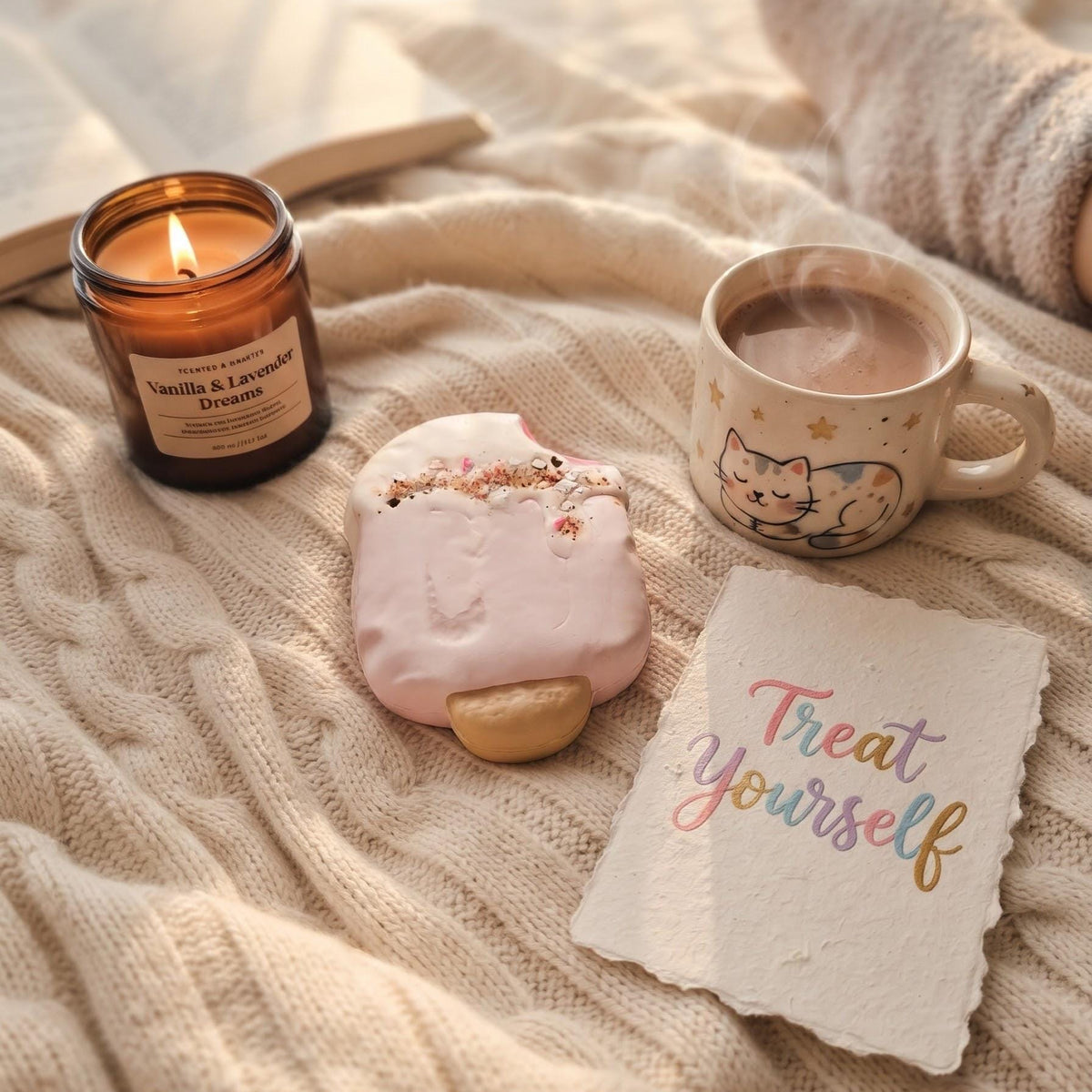 A cozy flat-lay scene on a cream cable-knit blanket featuring a lit amber glass candle, a pink frosted pastry, a ceramic mug filled with hot coffee and printed with a cute cat, and a handwritten note that says 'Treat Yourself'.