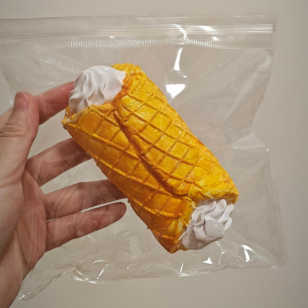 Ice Cream Cone Squishy Toy Fidget Sensory Item Kawaii Food Collectible Soft Silicone Material Slow Rising Stress Relief Function Golden Waffle Texture Grid Pattern Design White Swirl Top Desk Squeeze Toy Novelty Gift Perfect Office