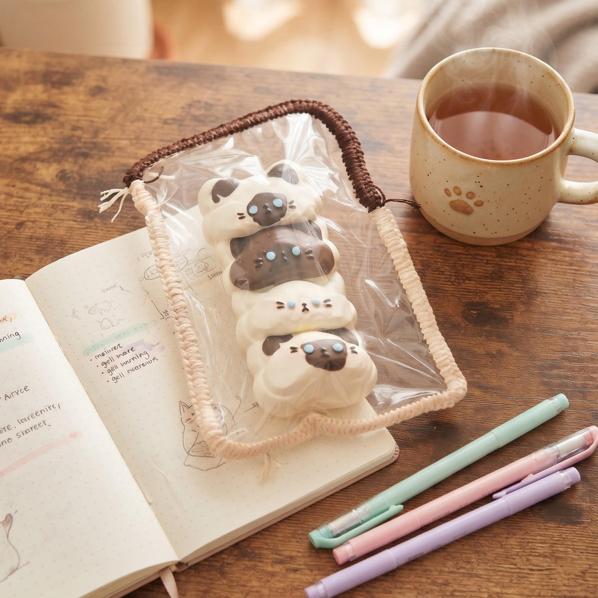 A clear zip pouch with a braided beige border holds four stacked plush bear-shaped items in cream, brown, and black. The pouch sits on a wooden desk beside an open notebook, a mug of tea, and pastel pens in a softly lit indoor setting.