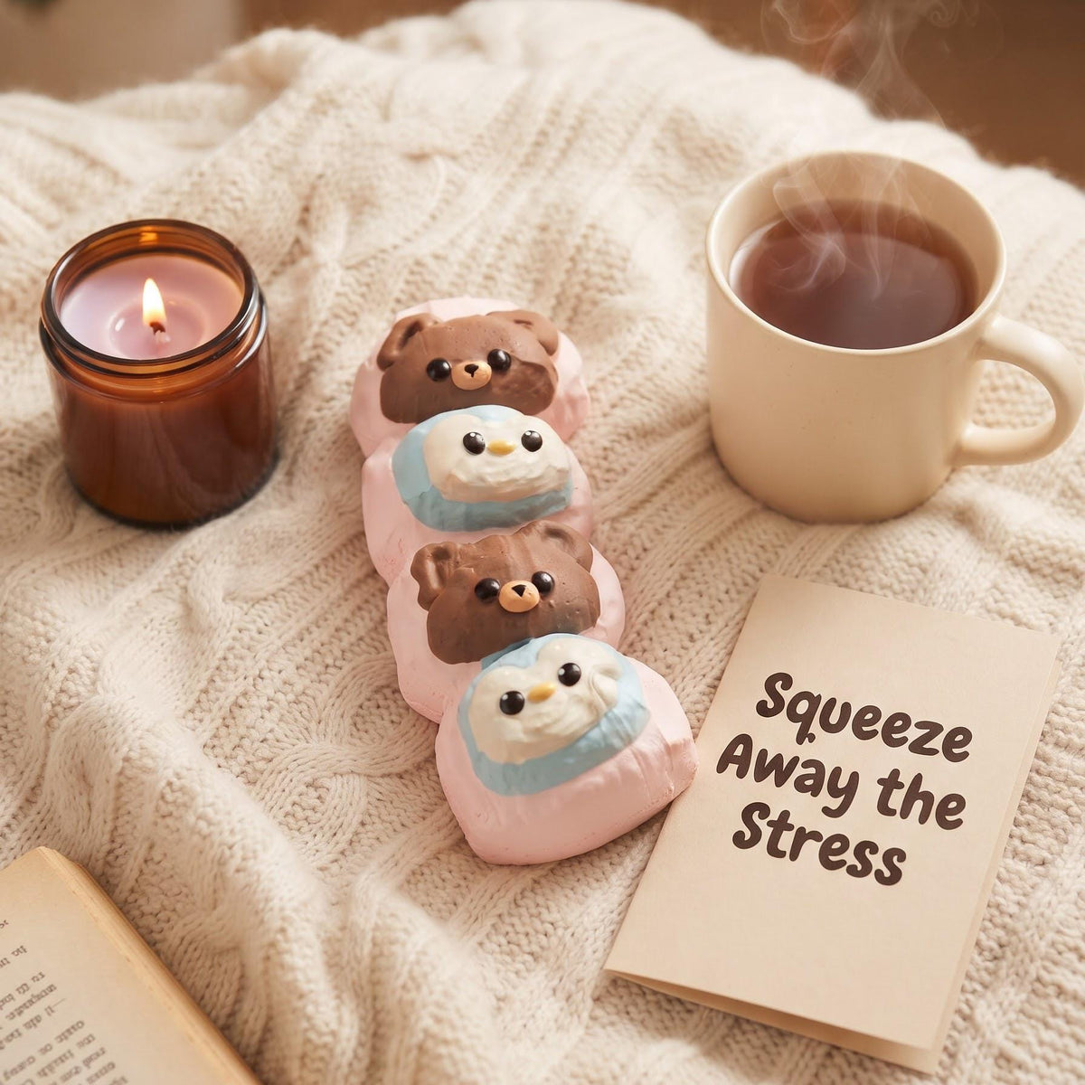 A cozy flat-lay scene featuring four cute bear-shaped squishy stress-relief toys on a cream cable-knit blanket, alongside a lit amber candle, a steaming mug of coffee, and a card that reads 'Squeeze Away the Stress'.