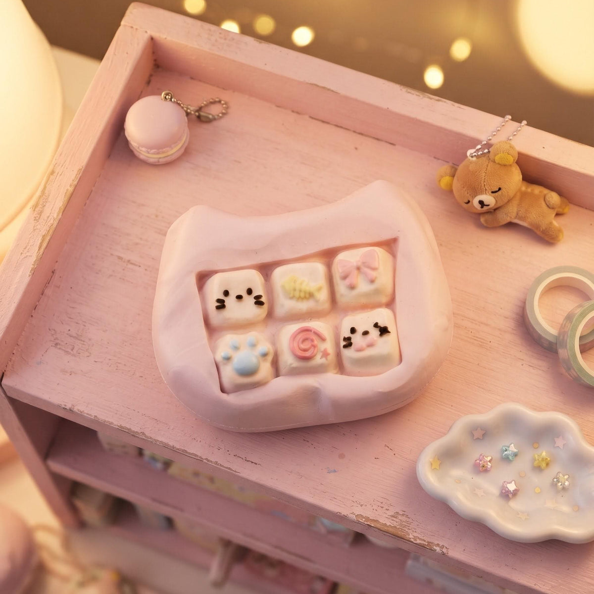 A pastel pink ceramic cat-shaped dish holding six small decorated square charms with cute faces, shown on a pink wooden shelf with warm fairy lights and small accessories around it.