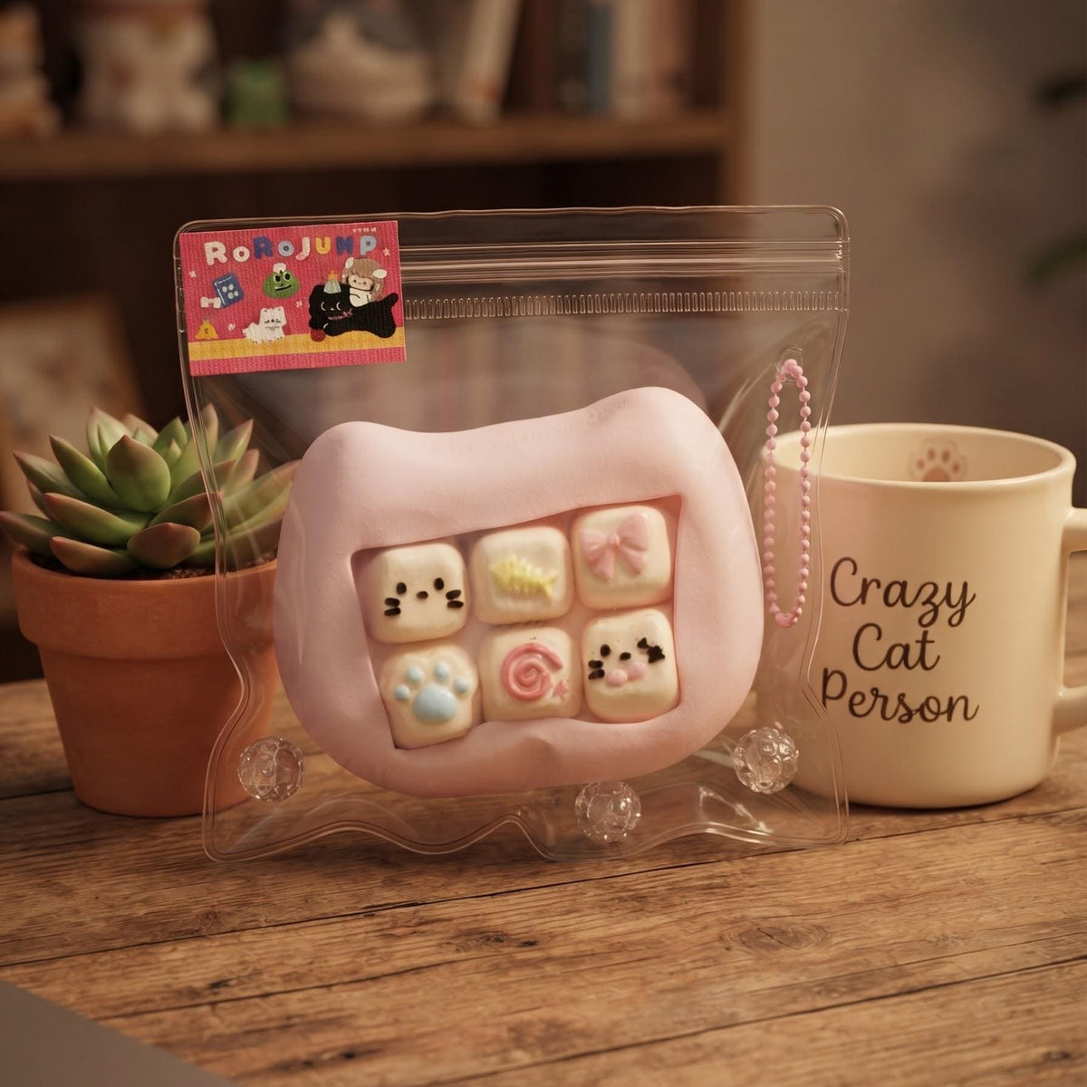A pink squishy toy with six small cat-face and flower-shaped candy pockets, shown in a clear plastic bag on a wooden table. A small potted succulent sits on the left, and a cream mug with the text 'Crazy Cat Person' is on the right.