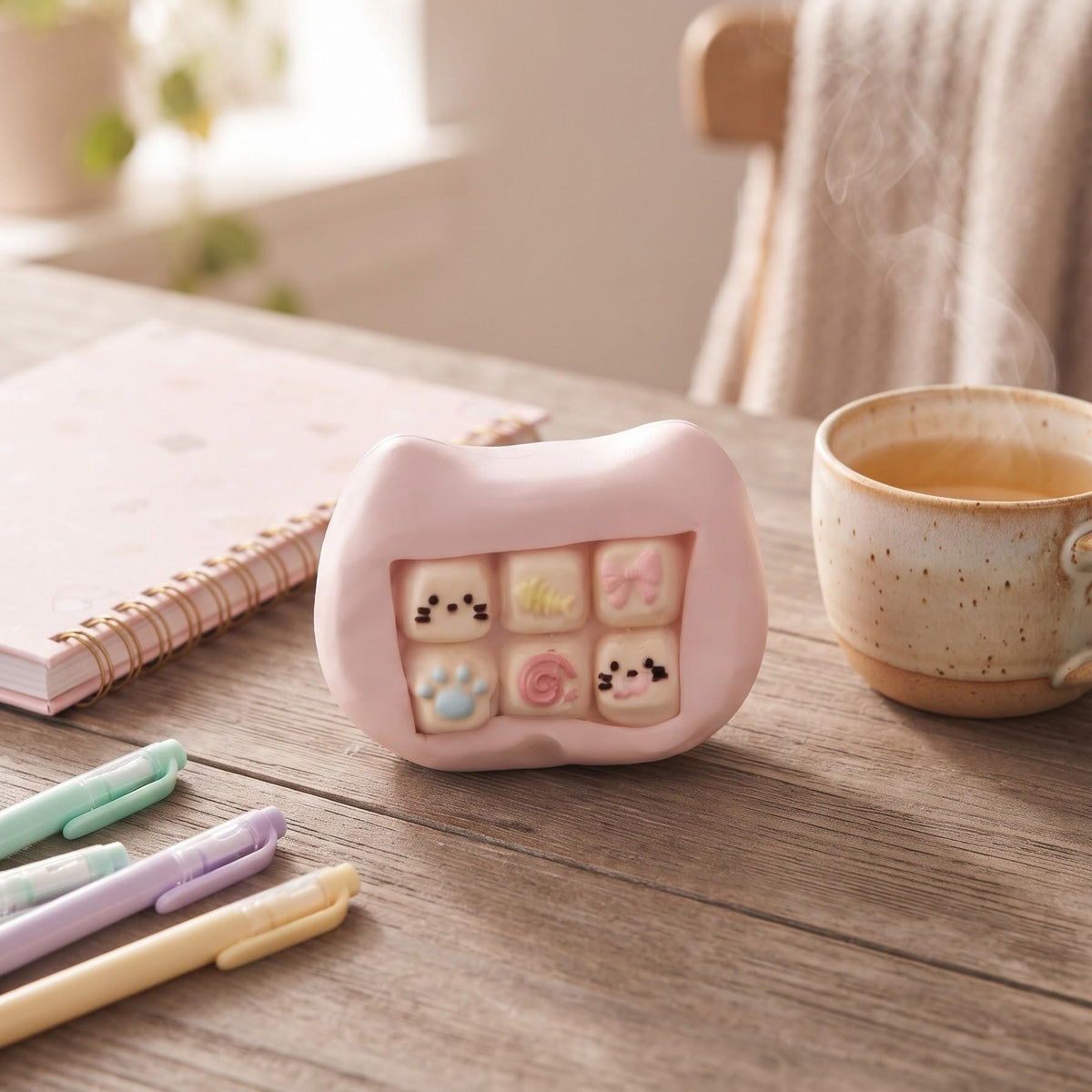 A pink cat-shaped alarm clock with cute printed faces and paw prints sits on a wooden table next to a steaming ceramic cup, notebook, and pastel pens in a softly lit room.