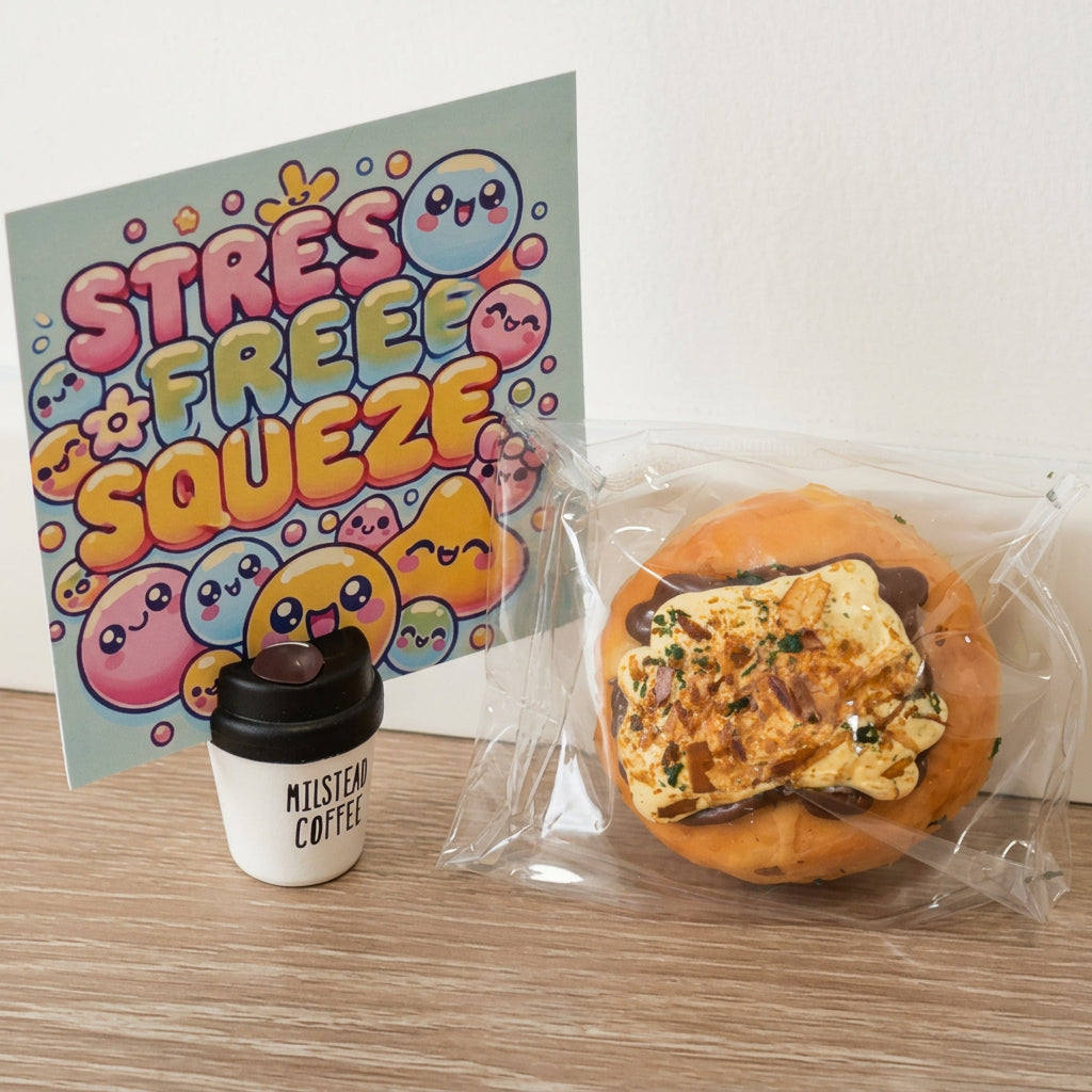 A packaged food-themed squishy toy shaped like a burger with pancakes and bacon, displayed next to a small coffee cup and a colorful 'Stress Free Squeeze' card on a wooden surface against a white wall.