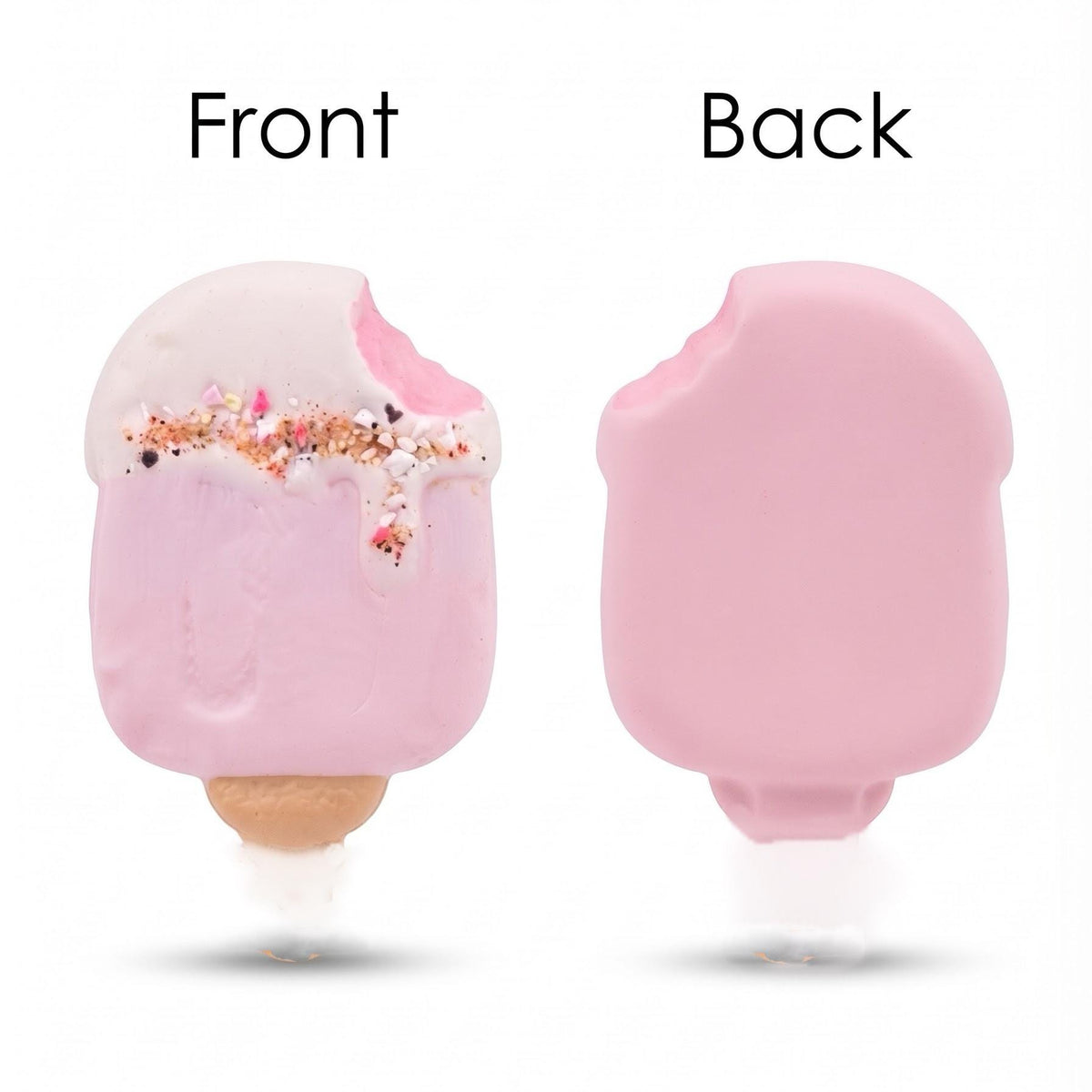 A pink popsicle-shaped product shown from the front and back on a white background, with the word 'Front' above the left view and 'Back' above the right view. The front view has a white top section with pink and gold sprinkles, and a tan cone base.