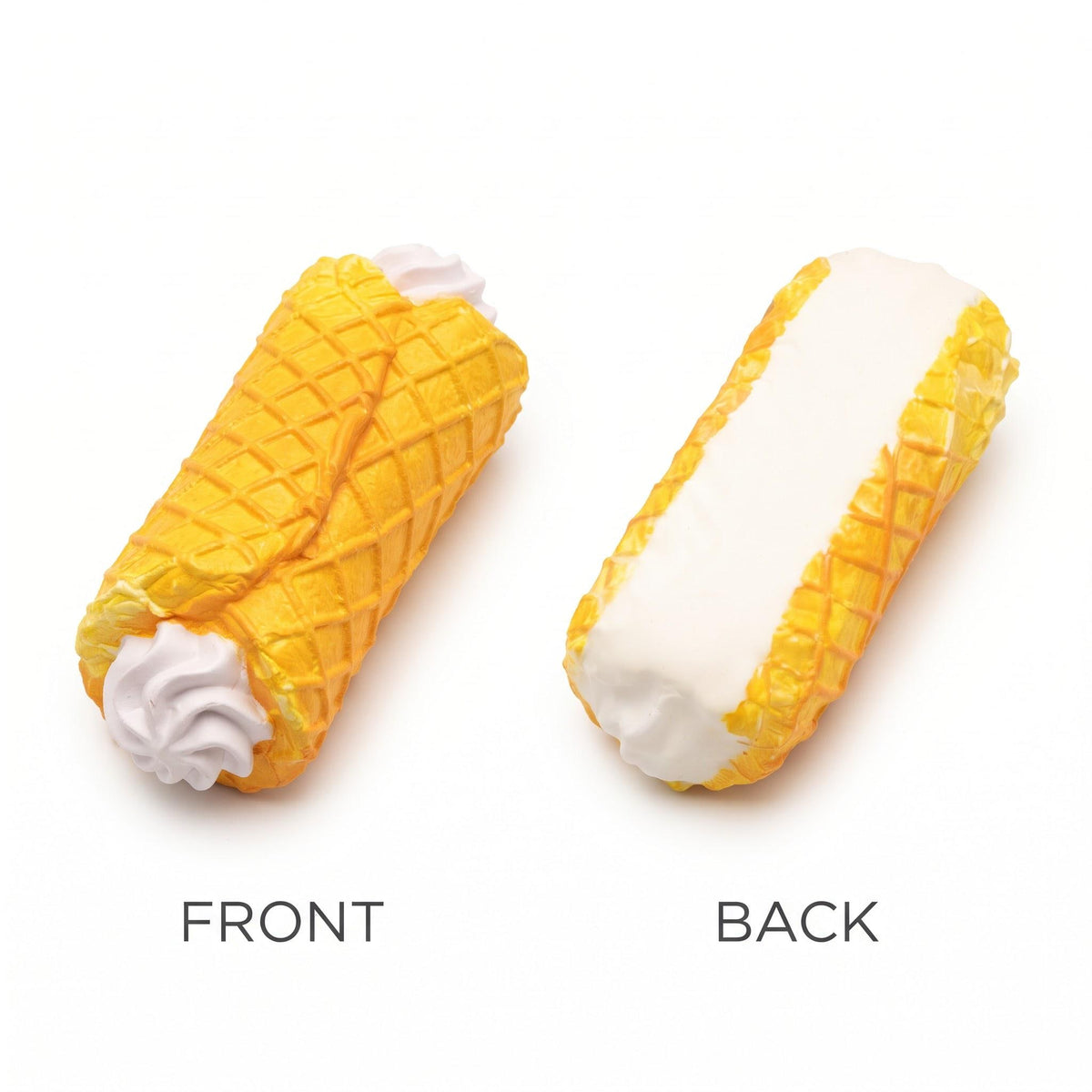 Two views of a novelty squishy toy shaped like a waffle-cone ice cream roll, labeled FRONT and BACK on a plain white background.