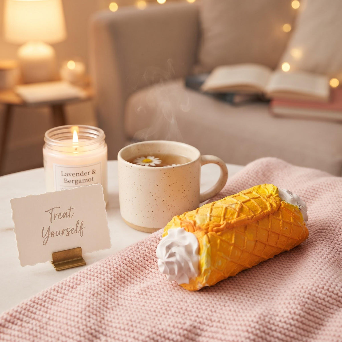 A cozy lifestyle scene featuring a novelty roll-shaped product styled like a cream-filled waffle cone, placed on a pink knit blanket next to a lit candle, a mug of tea, and a 'Treat Yourself' card in a warm, softly lit living room setting.
